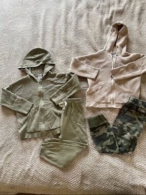 Kids Hooded Zip Set - Olive Green & Beige with Camo Joggers
